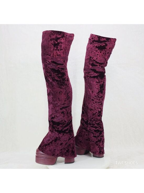 Mata Shoes Shoes - Good Will Unique Thigh High Wine Red Velvet Fold over Chunky Heel Platform Boots